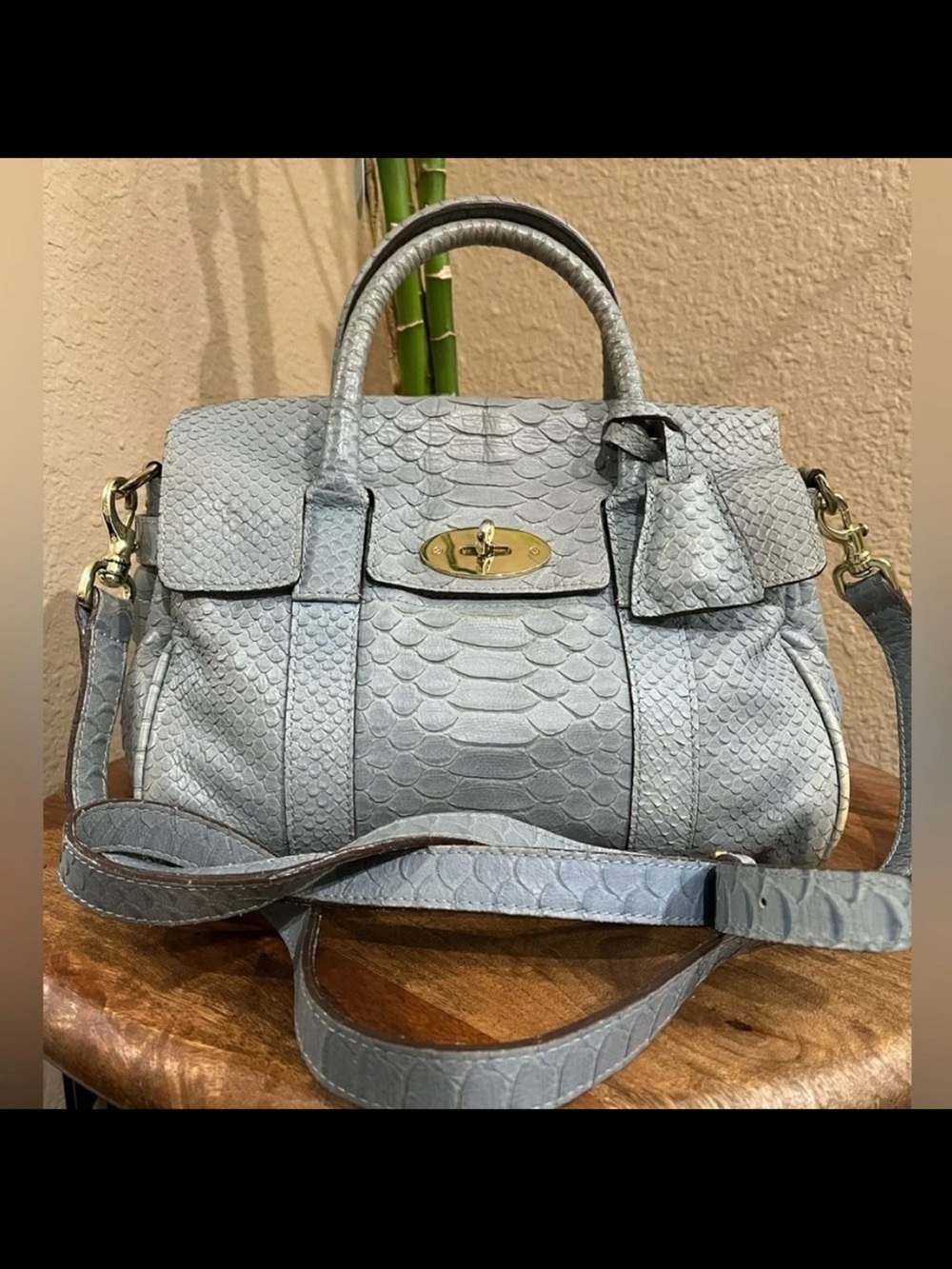 Mulberry Light Gray Textured Satchel with Gold Hardware